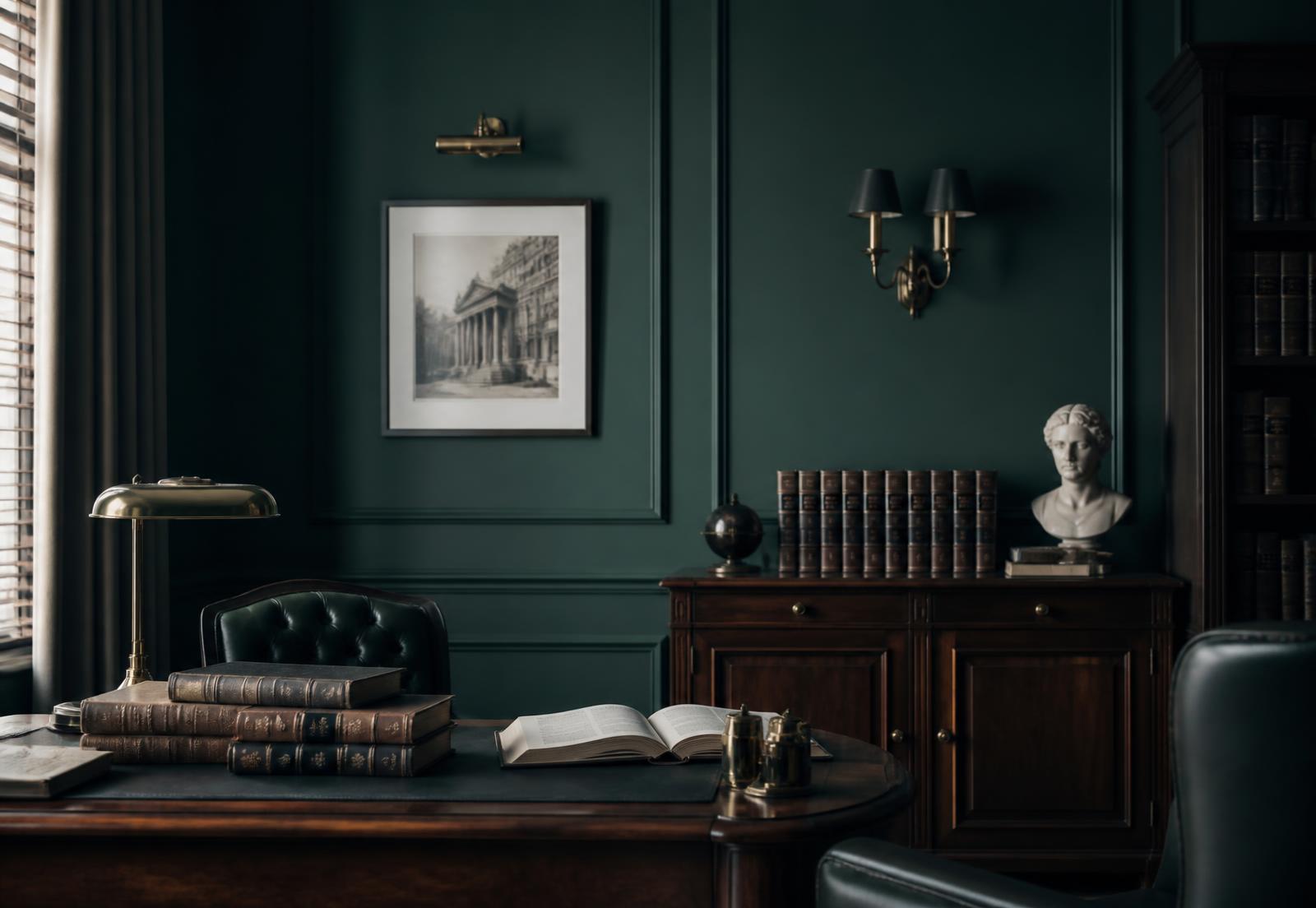 Escritório de advocacia com estantes de livros jurídicos